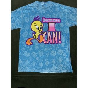 Vintage 1997 Looney Tunes Funny Tweety Hawaiian AOP‎ Shirt Men's L Blue RARE!